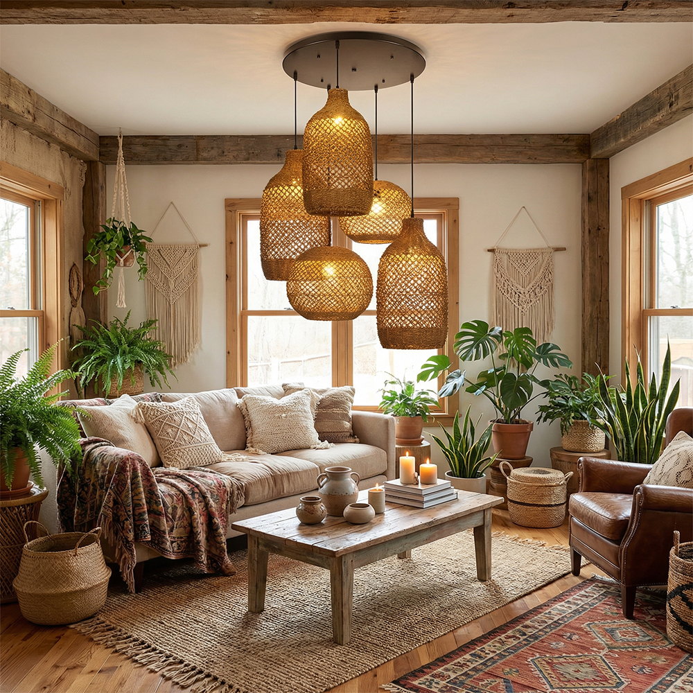 Rustic Seagrass Pendant Light Set with 5 lights Wabi-sabi Pendant Lamp for Farmhouse