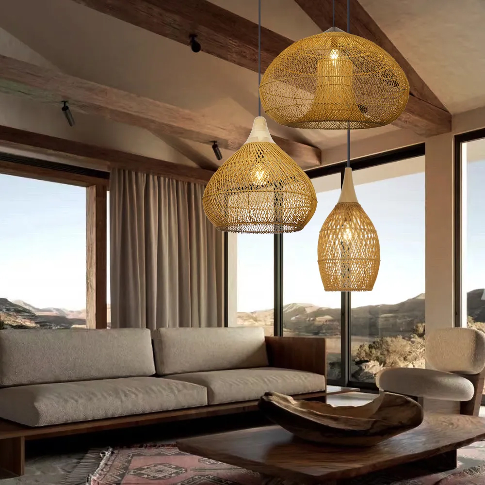 Wabi-Sabi Style Rattan Pendant Light for Living Room Round Base Three-Light Design