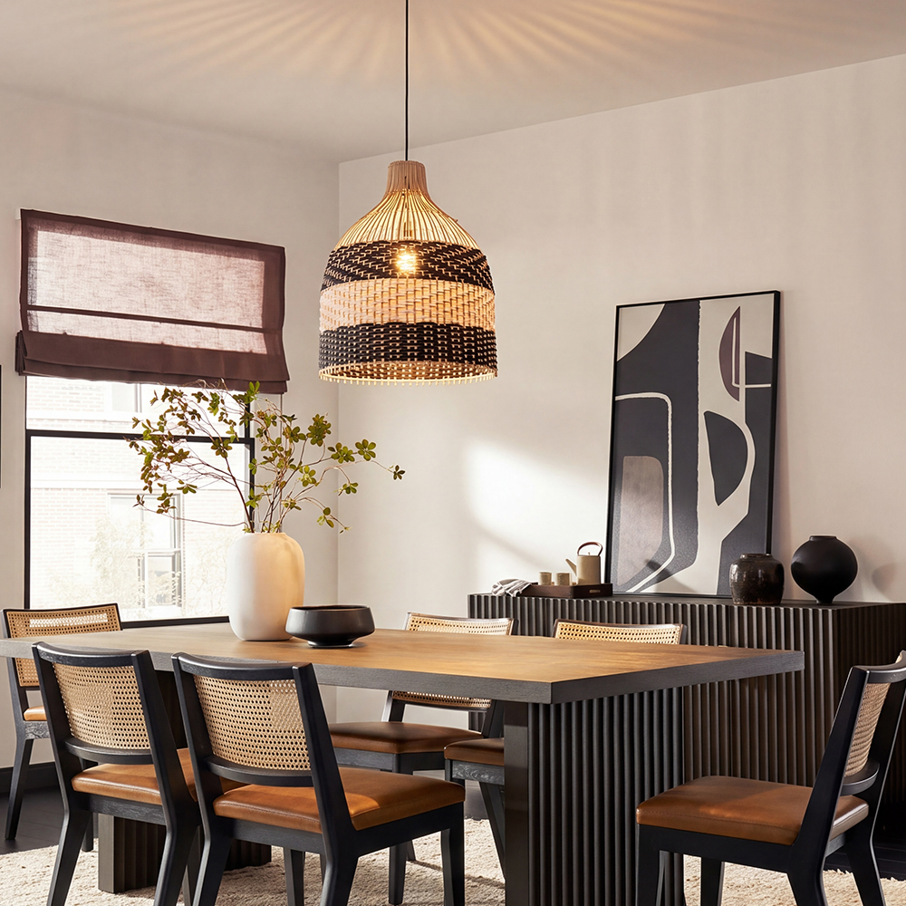 Tropical Black Rattan Chandelier for Restaurants Exotic Hand-Woven Decor