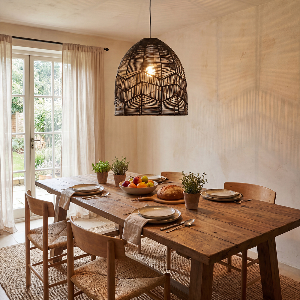 Organic Black Rattan Chandelier Farmhouse Rustic Zen Hanging Lighting