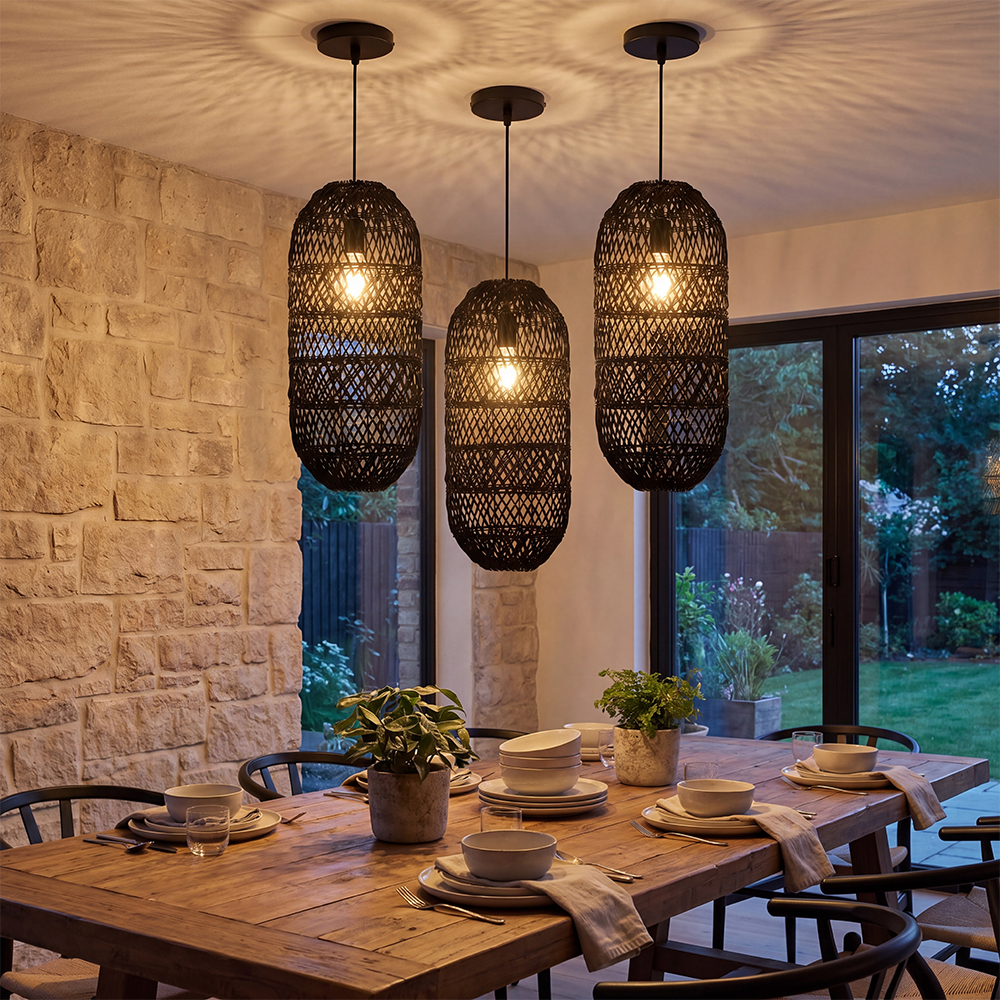 Boho Style Black Rattan Chandelier Natural Wicker Handmade Lampshade