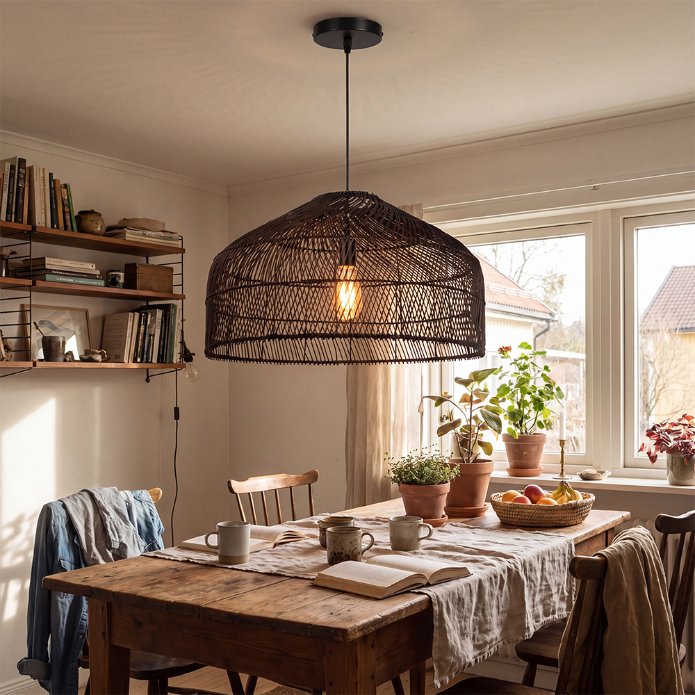 Hand Weave Matte Black Rattan Chandelier Light Easy Install Pendant