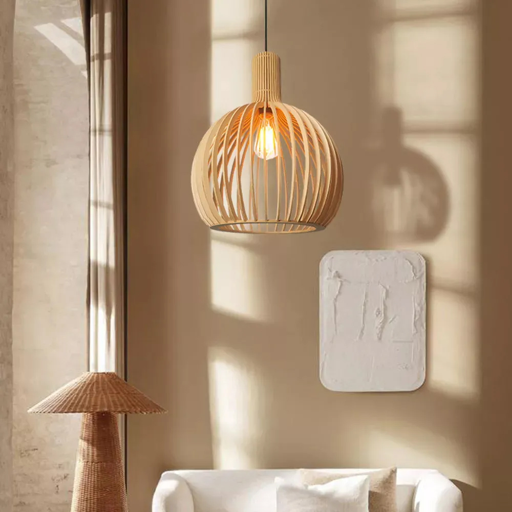 Ships from US Warehouse: Large 21-inch Birdcage Wooden Pendant Light for Living Room