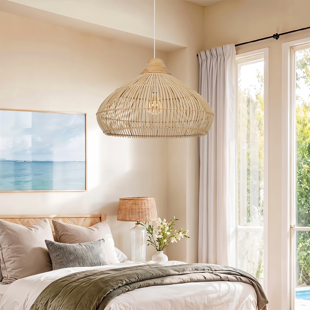 Coastal Lampshade Handmade Natural Woven Lamp Wooden Top Rattan Pendant Light