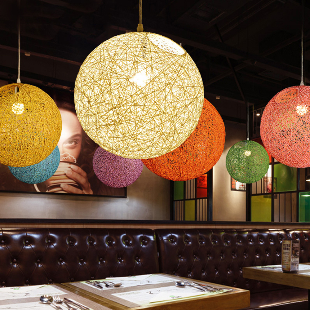 Modern Minimalist Restaurant Decor Rattan Pendant Light Hemp Rope Sphere Lighting