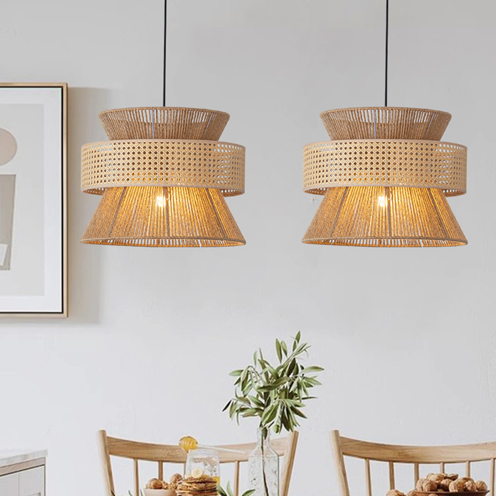 Mid-century Wabi Sabi Hemp Rope Pendants Rattan Hanging Light For Kitchen Island Dining Room