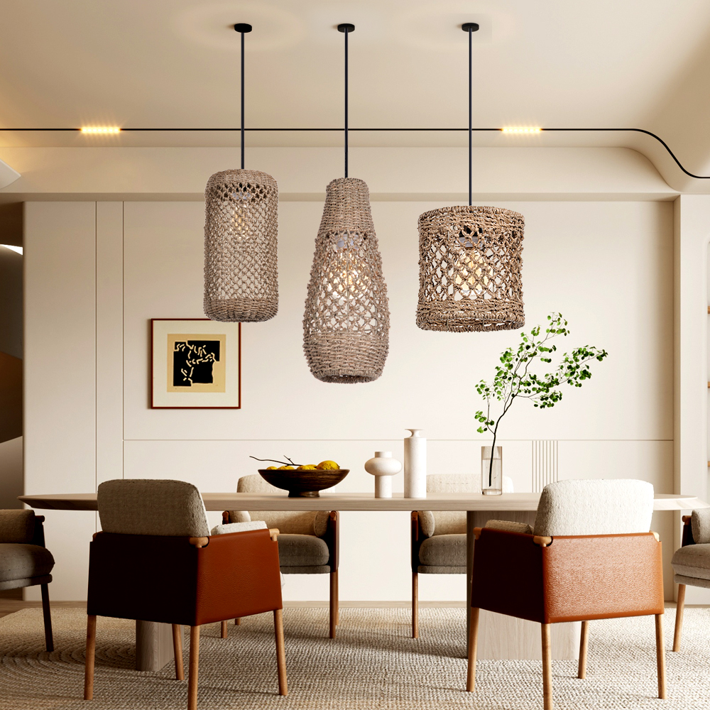Retro Wicker Rattan Pendant Light Shade Restaurant Loft Style Grass Rattan Lamp