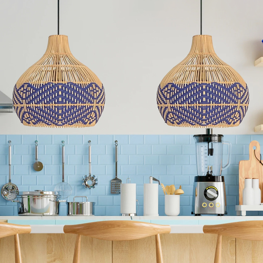 Chris Rattan Pendant Light Handmade Blue Hanging Lamp Shade