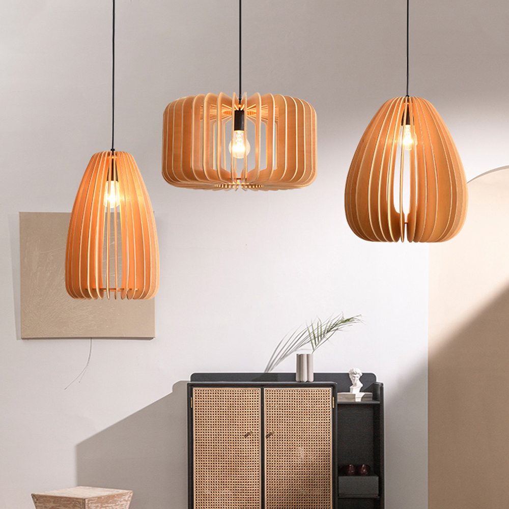 Japanese Retro Pumpkin Lantern Living Room Chandelier Wooden Pendant Lamp