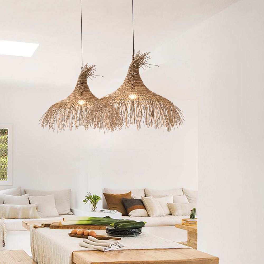 Wabi-sabi Style Chandelier Retro Japanese Zen Straw Rattan Pendant Light