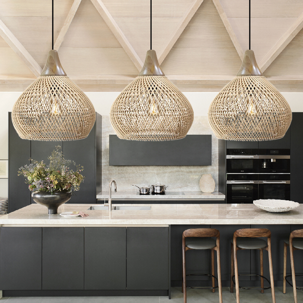Kitchen Lighting Decor Rattan Pendant Lamp Handmade Stylish Lampshade
