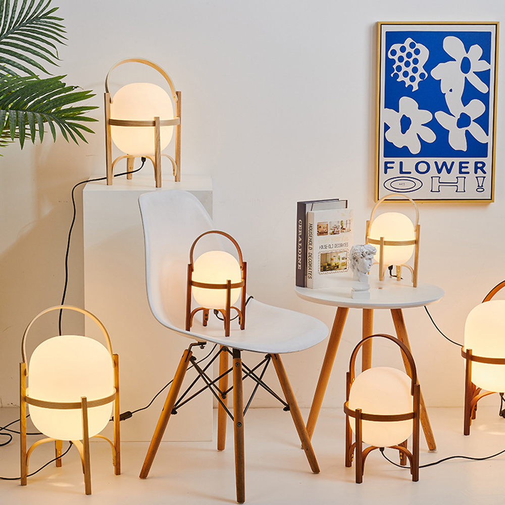 Simple Japanese Solid Wood Floor Lamp Designer Basket Glass Table Lamp Bedside Light