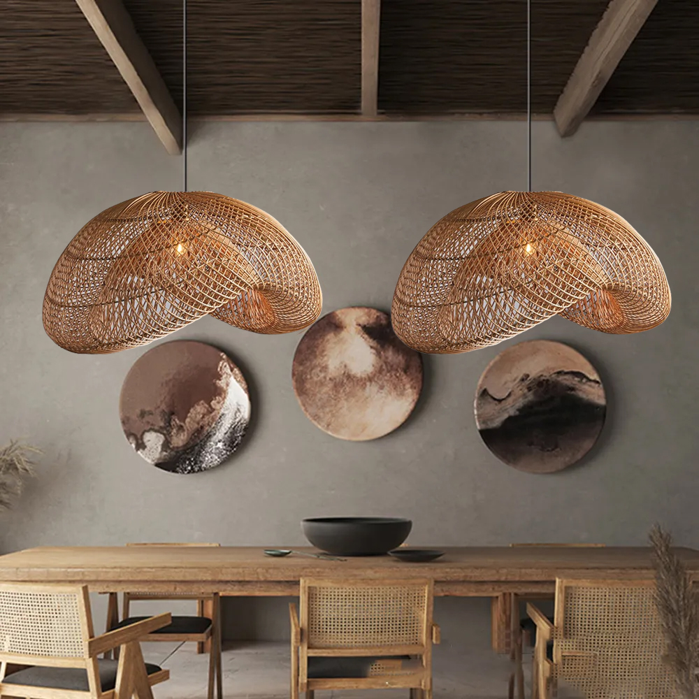 Handmade Wabi-Sabi Rattan Woven Dining Room Pendant Lamp Wicker Light Fixture