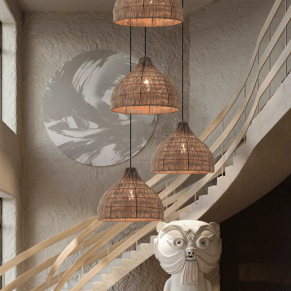 Wabi-sabi Style Stair Chandelier Duplex Loft Villa Rattan Pendant Lamp