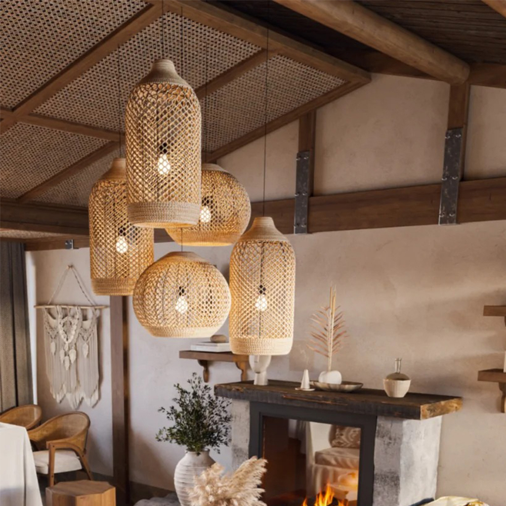 Wabi-sabi Style Living Room Rattan Chandelier Homestay Duplex Staircase Decor Hanging Lamp