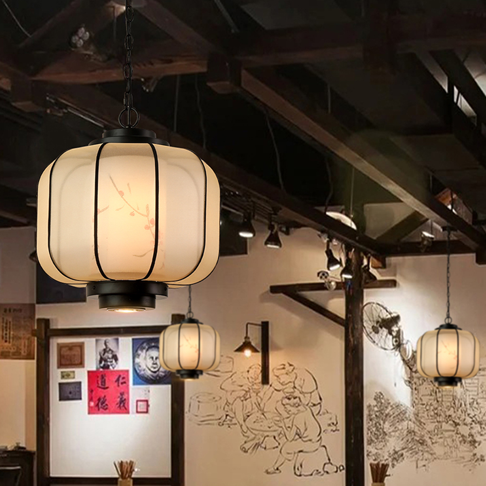 Antique Restaurant Lantern Pendant Light Fabric Decorative Lamp With Spotlights