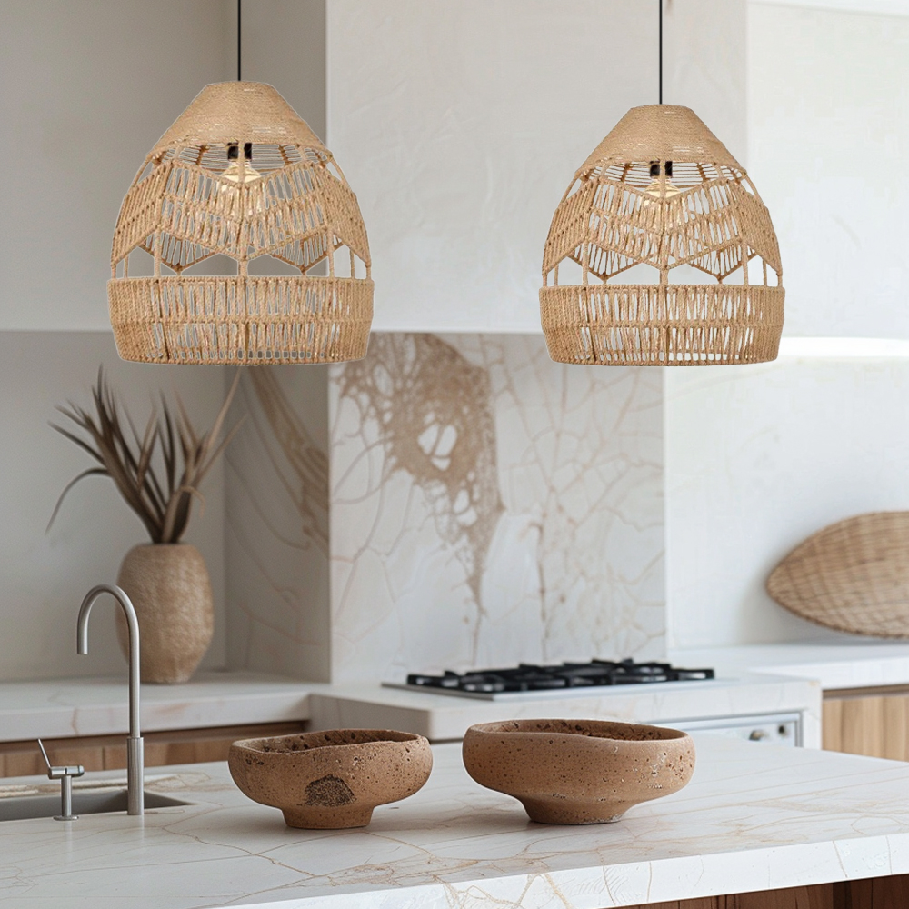 Boho Kitchen Island Black Pendant Light Handwoven Rope Hanging Lamp Shade