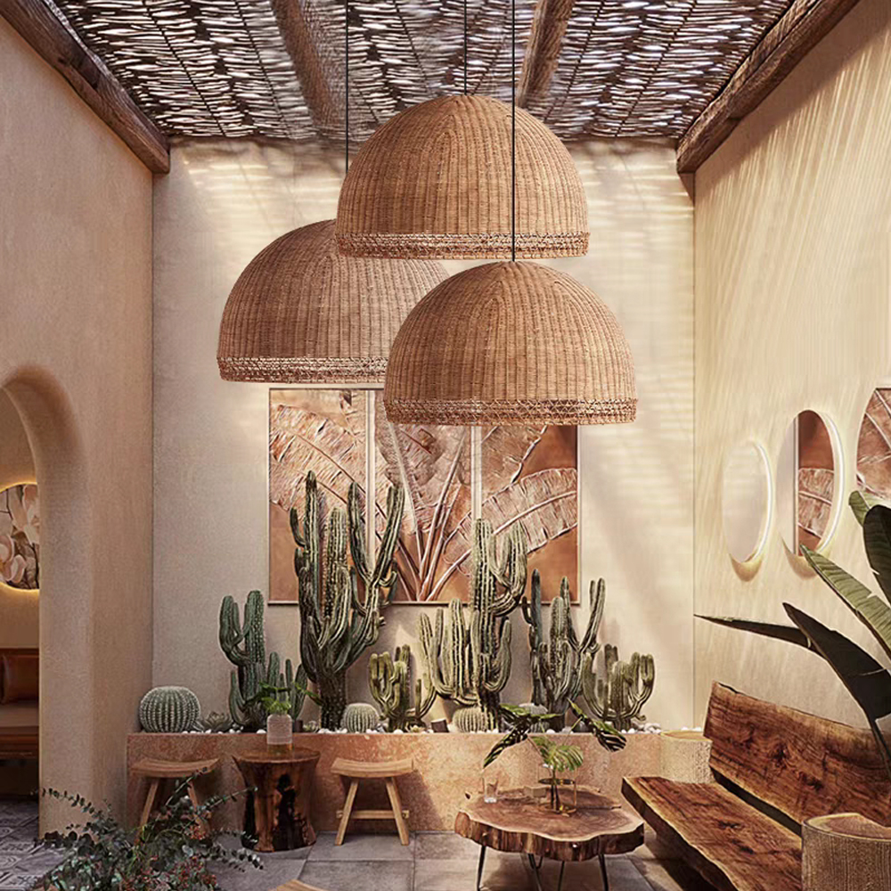 Resort Decor Handwoven Rattan Pendant Light Retro Restaurant Chandelier