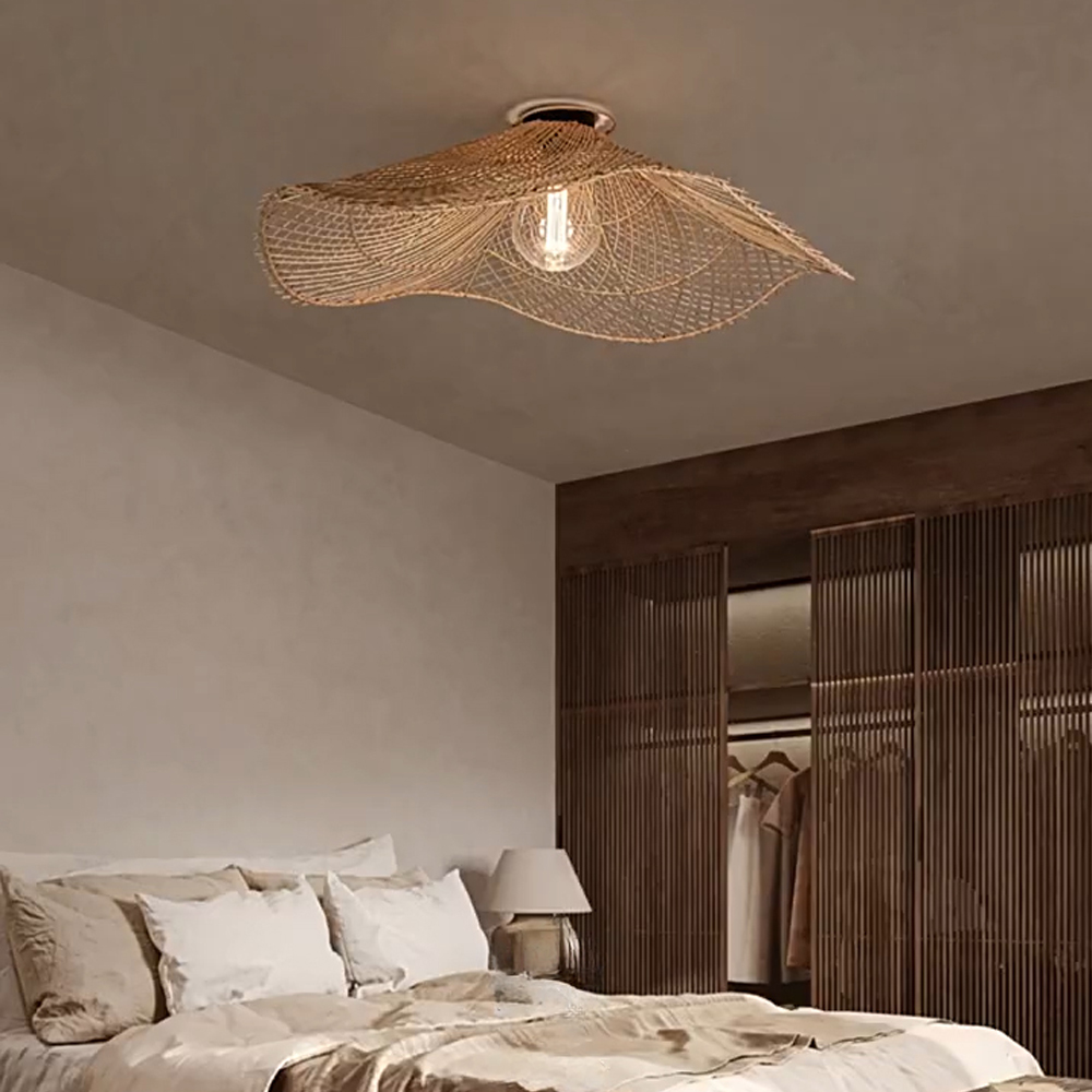 Handwoven Straw Hat Restaurant Pendant Light Wabi-sabi Style Rattan Chandelier