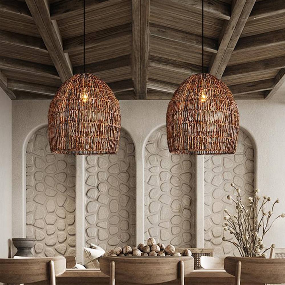 Japanese Rattan Pendant Light Kitchen Island Living Room Woven Chandelier