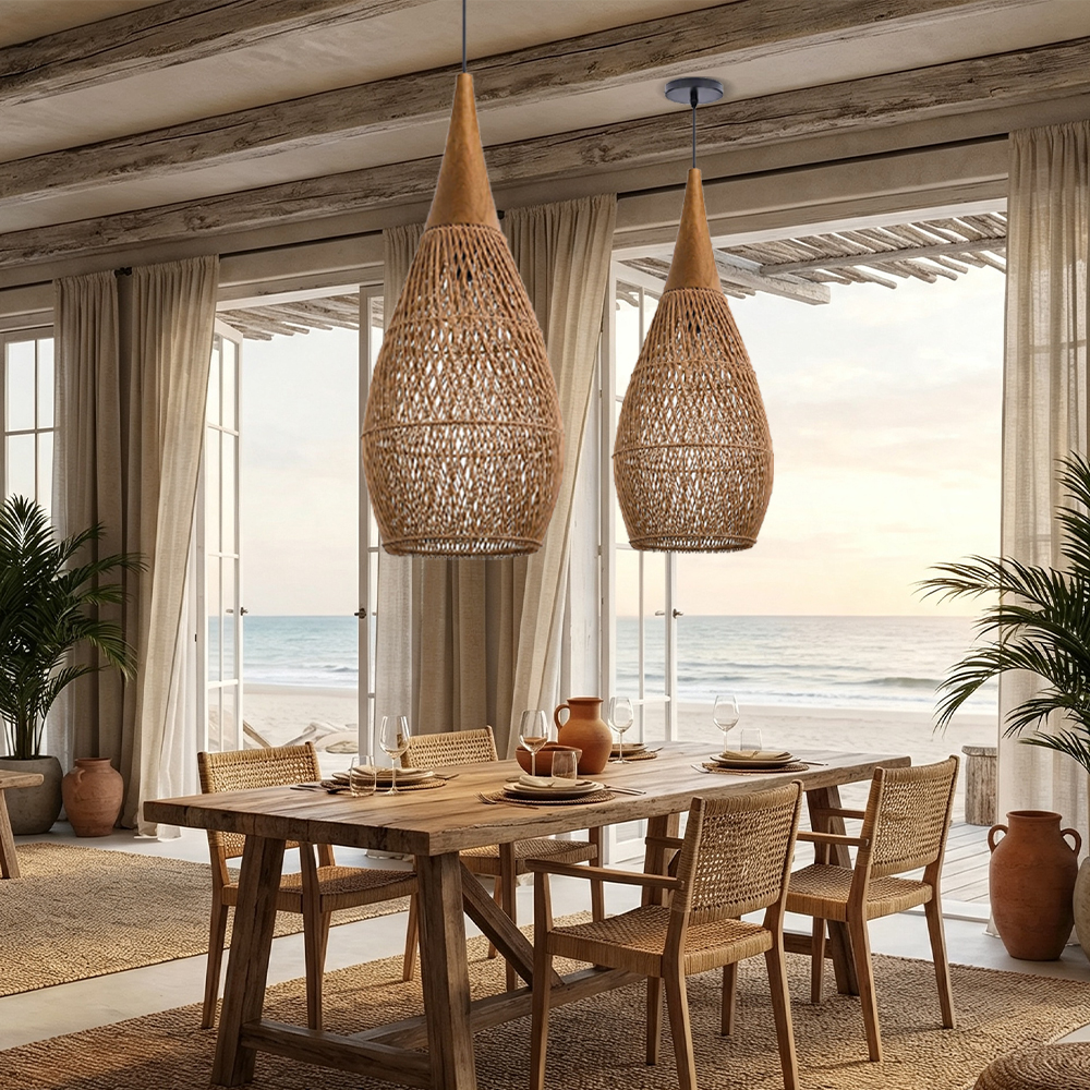 Coastal Rattan Woven Pendant Light  Farmhouse Artisan Natural Lighting for Dining Rooms