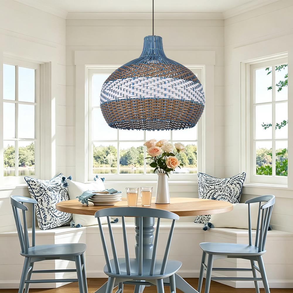 Coastal Farmhouse Dome Rattan Pendant Light Boho Basket Weaving Lighting Fixture for Dining Room