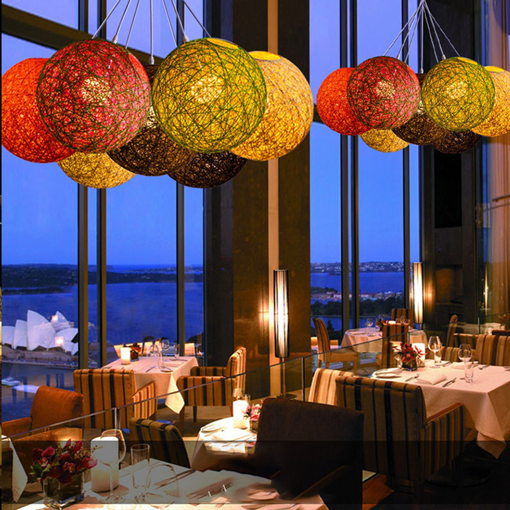 Modern Minimalist Restaurant Decor Rattan Pendant Light Hemp Rope Sphere Lighting