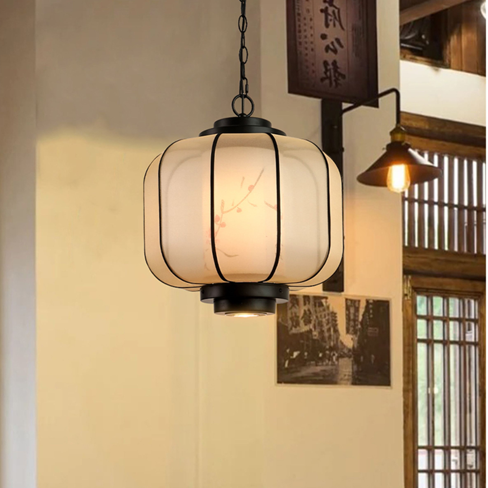 Antique Restaurant Lantern Pendant Light Fabric Decorative Lamp With Spotlights