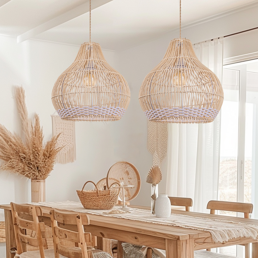 Boho Kitchen Island Rattan Pendant Light Dining Room 2 Lamps Hanging Lamp Fixture