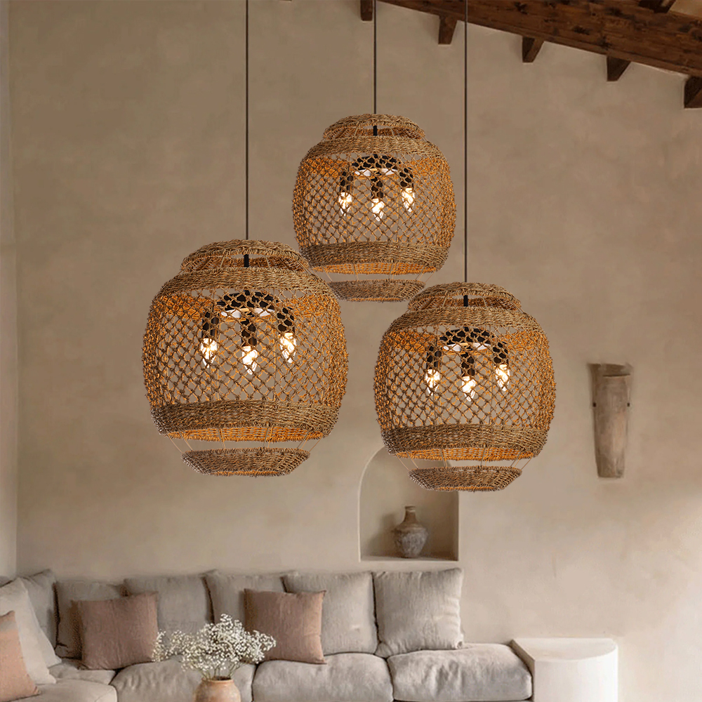 Retro Rattan Chandelier Wabi-sabi Style Kitchen Island 3-light Pendant Lampshade