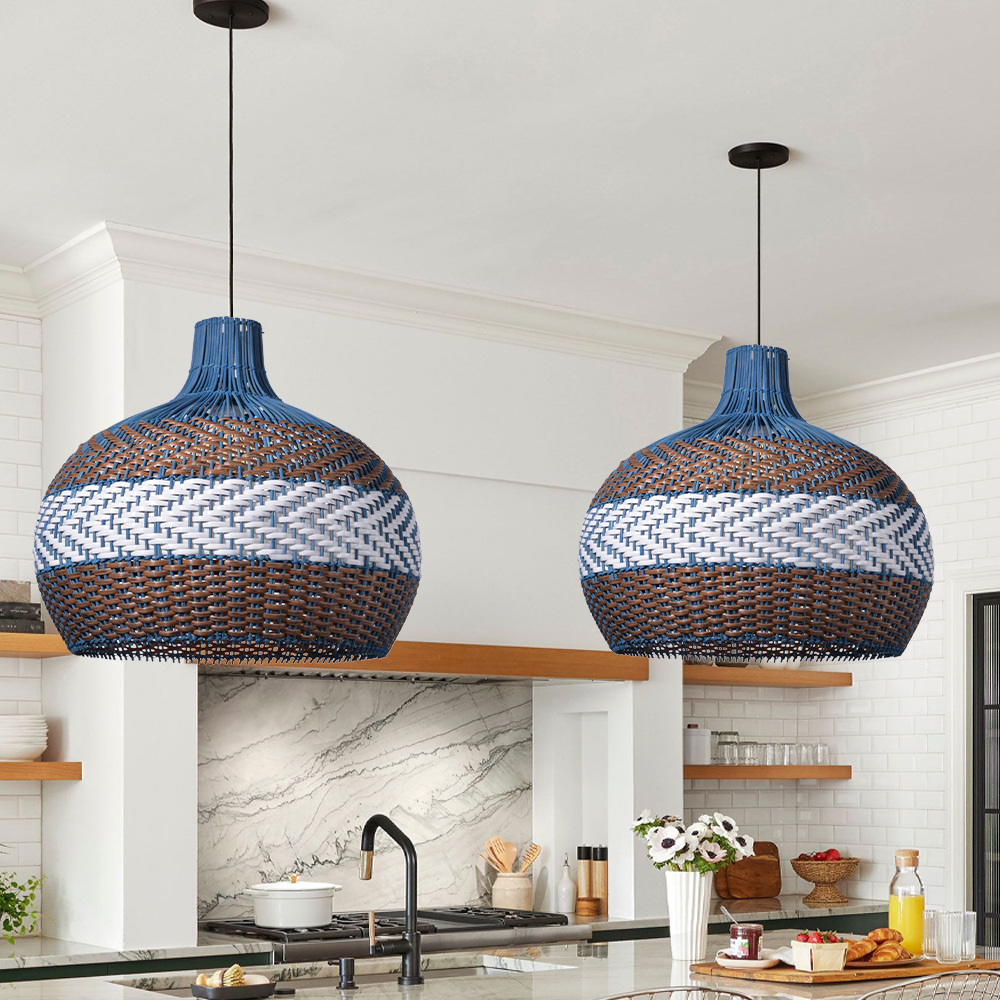 Royal Dark Blue Rattan Wicker Pendant Lights for Kitchen