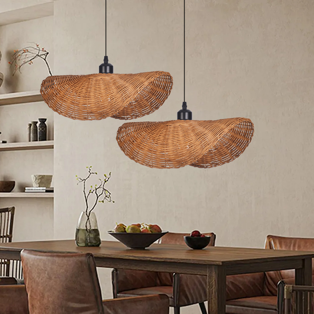 Hat-shaped Rattan Chandelier Wabi Sabi Style Dining Room Wicker Pendant Light Shade