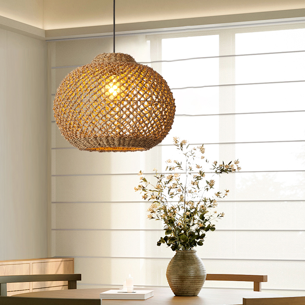 Rustic Rattan Pendant Lights Wabi-sabi Dining Room Chandelier