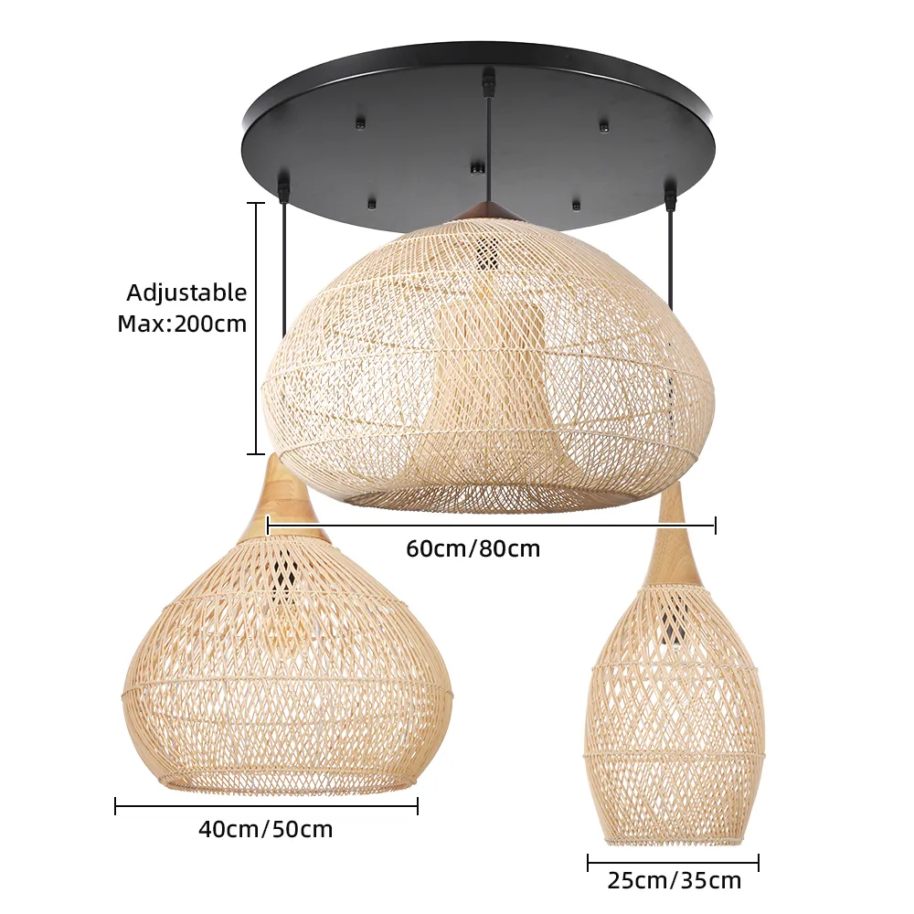 Wabi-Sabi Style Rattan Pendant Light for Living Room Round Base Three-Light Design