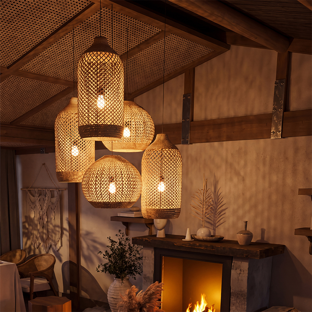 Wabi-sabi Style Living Room Rattan Chandelier Homestay Duplex Staircase Decor Hanging Lamp