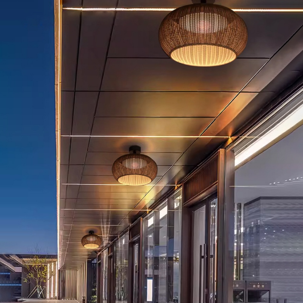 Outdoor Waterproof Rattan Ceiling Lampshade Porch Light