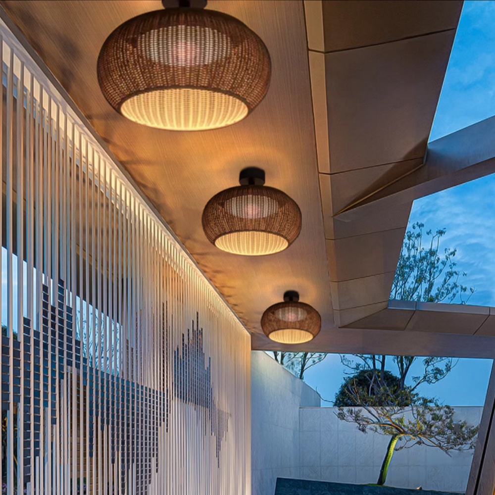 Outdoor Waterproof Rattan Ceiling Lampshade Porch Light