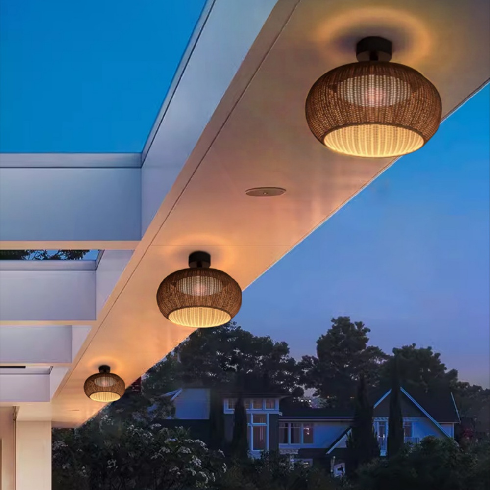 Outdoor Waterproof Rattan Ceiling Lampshade Porch Light