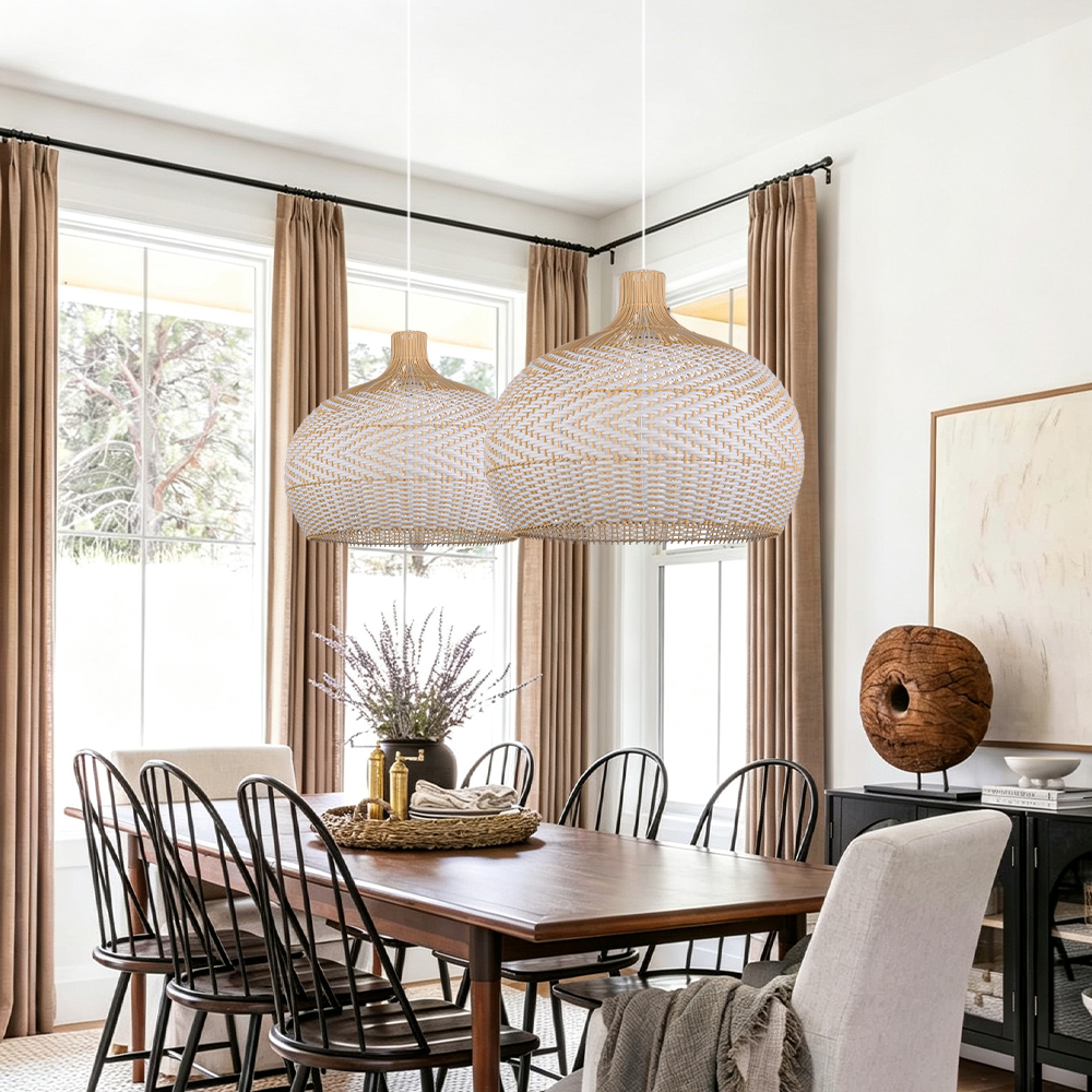 Coastal Farmhouse Dome Rattan Pendant Light Boho Basket Weaving Lighting Fixture for Dining Room