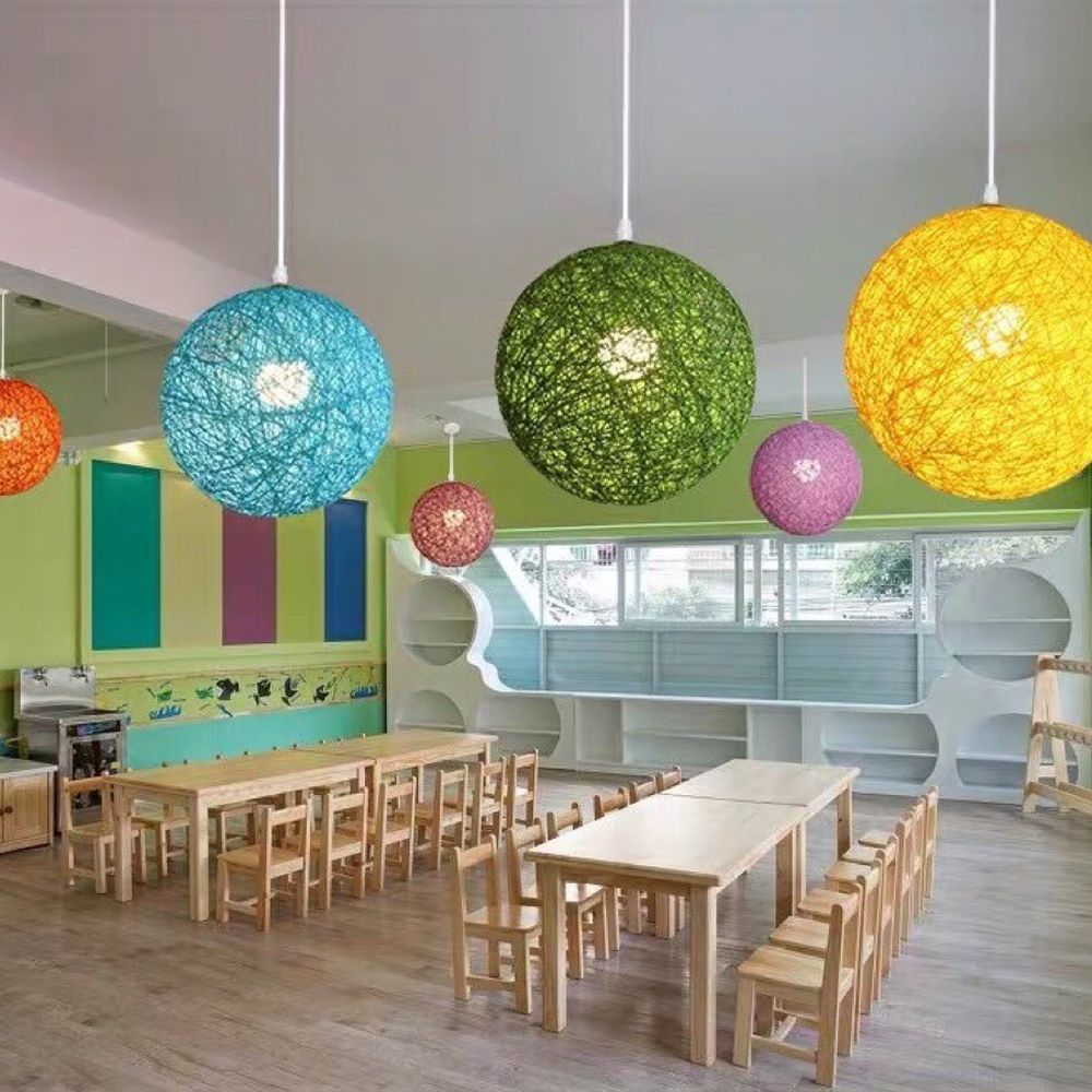 Modern Minimalist Restaurant Decor Rattan Pendant Light Hemp Rope Sphere Lighting