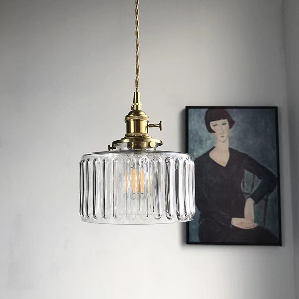 French Retro Brass Glass Chandelier Dining Room Single Head Small Pendant Lamp