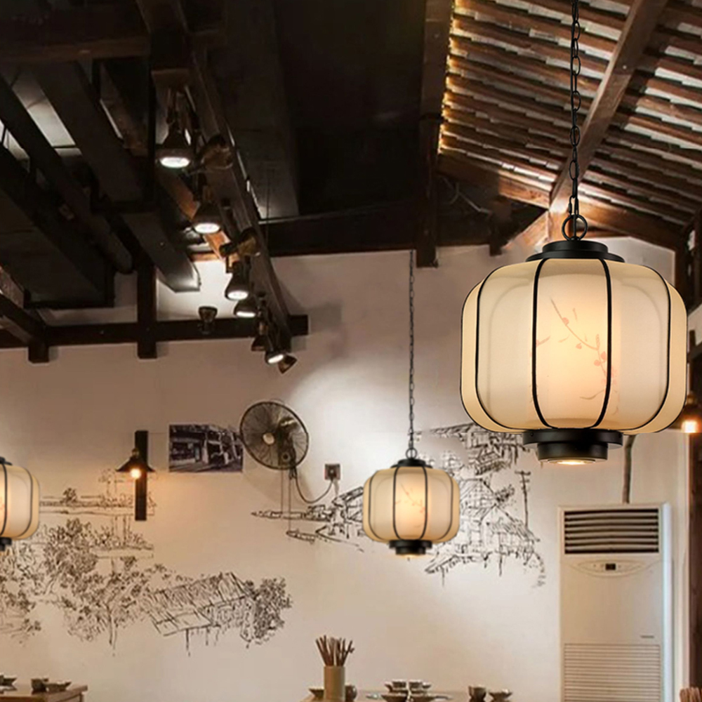 Antique Restaurant Lantern Pendant Light Fabric Decorative Lamp With Spotlights