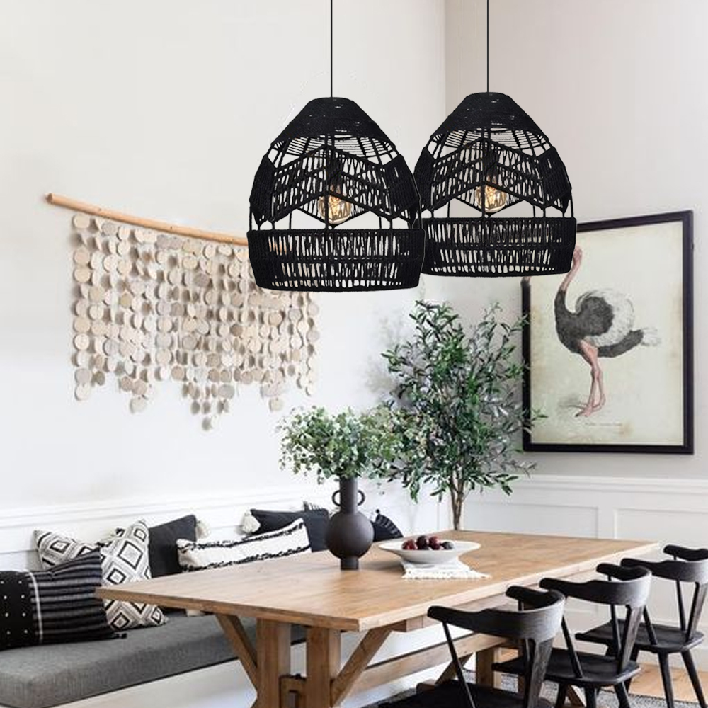 Boho Kitchen Island Black Pendant Light Handwoven Rope Hanging Lamp Shade