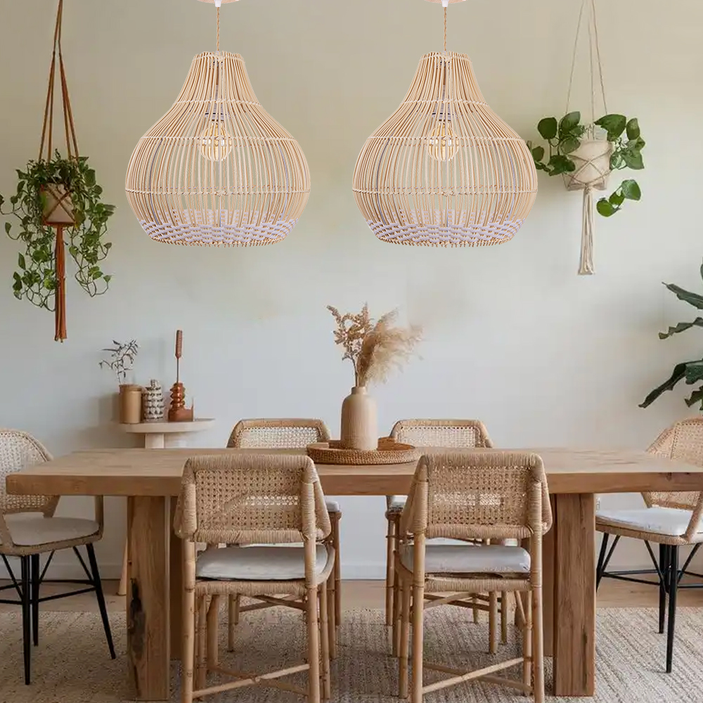 Boho Kitchen Island Rattan Pendant Light Dining Room 2 Lamps Hanging Lamp Fixture