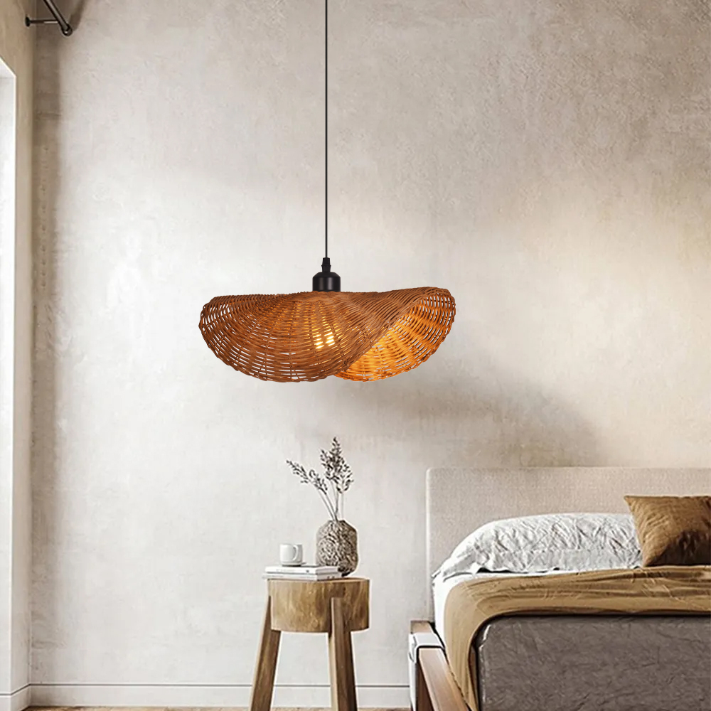 Hat-shaped Rattan Chandelier Wabi Sabi Style Dining Room Wicker Pendant Light Shade