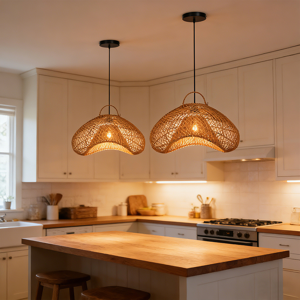 Natural Dark Wicker Rattan Pendant Light Unique Kitchen Island Chandelier