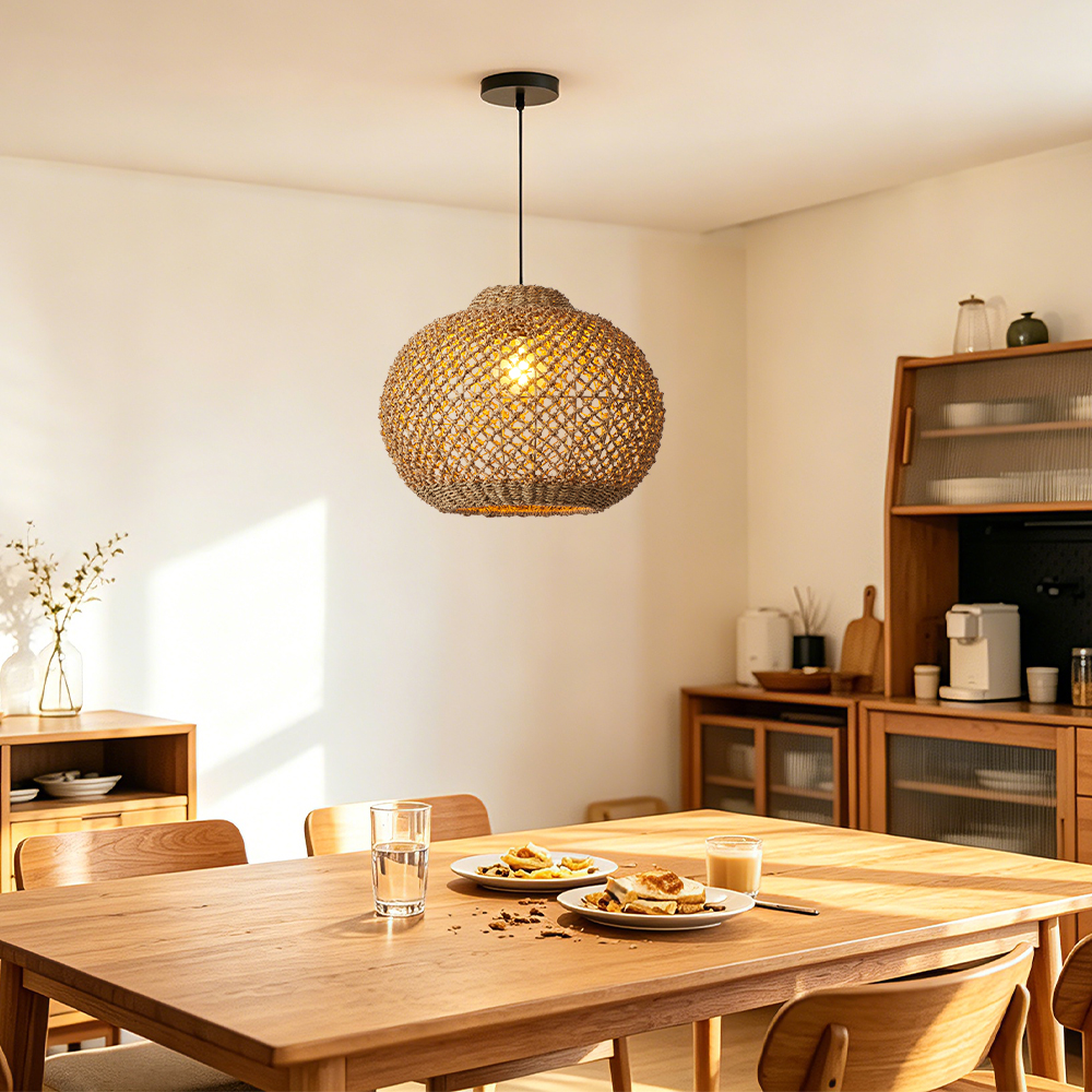 Rustic Rattan Seagrass Pendant Lights Wabi-sabi Dining Room Chandelier