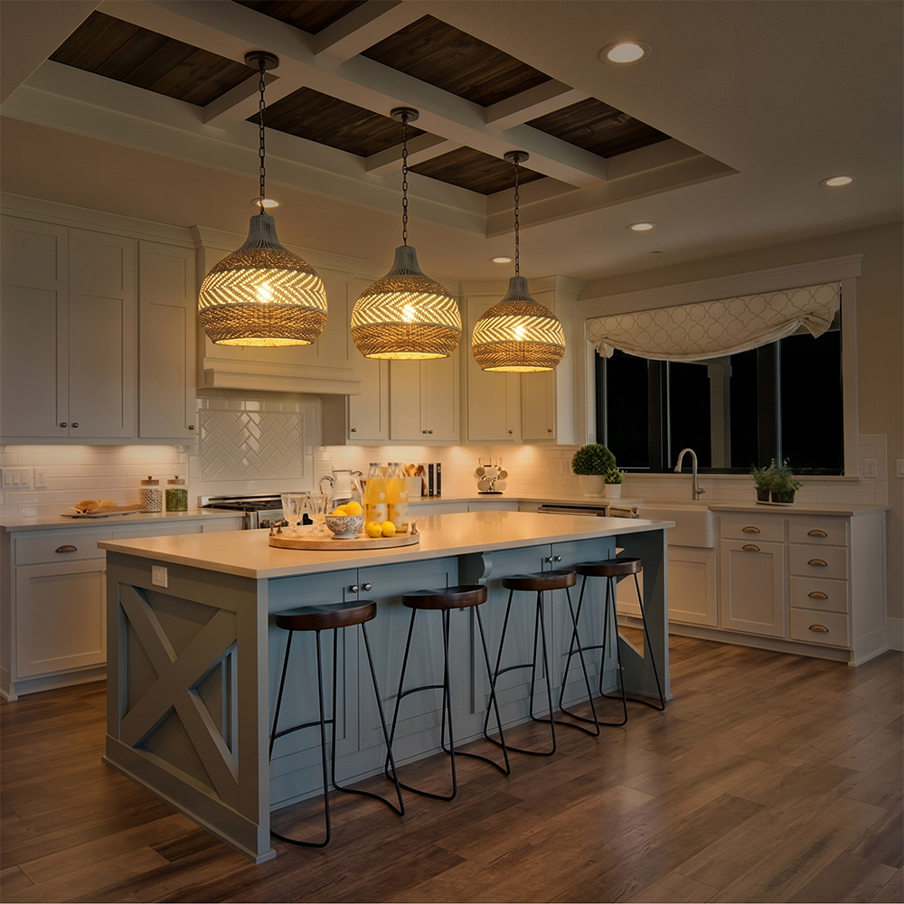 Courtland Blue Rattan Pendant Light for Kitchen Dining Room