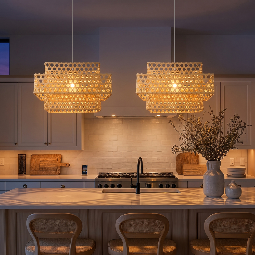 Natural Bamboo Woven Tiered Pendant Lights for Island