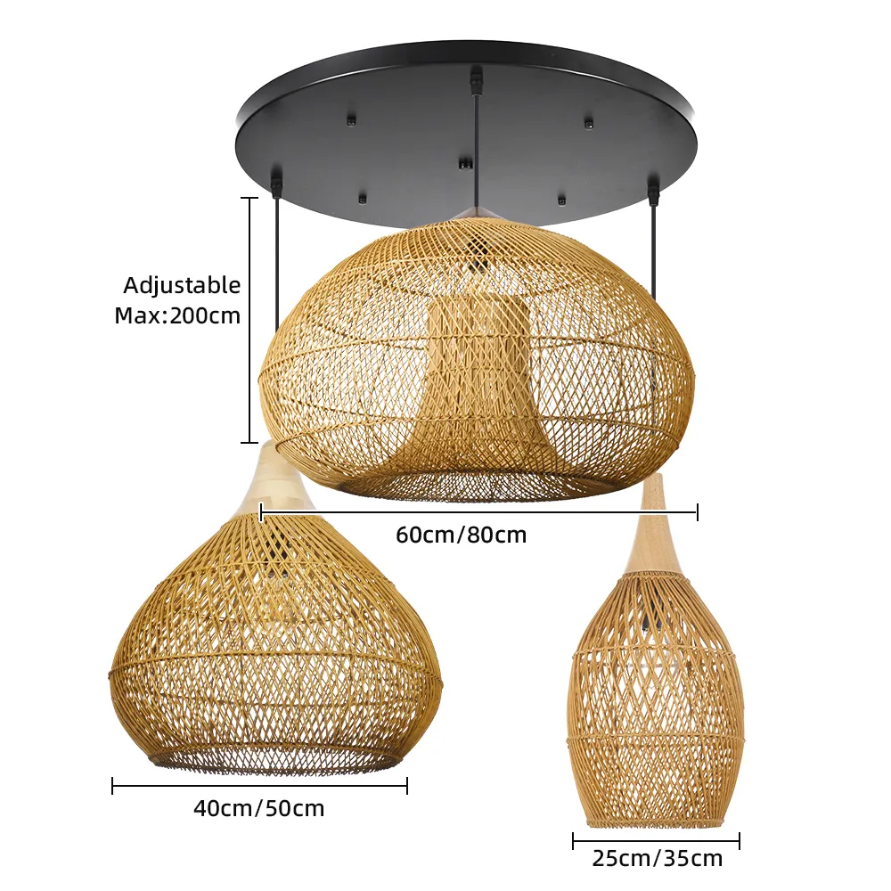 Wabi-Sabi Style Rattan Pendant Light for Living Room Round Base Three-Light Design